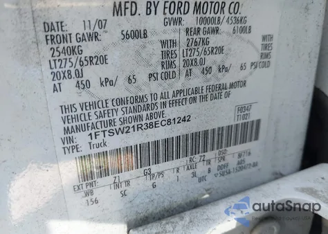 2008 Ford F-250 Fx4/Harley-Davidson/King Ranch/Lariat/Xl/Xlt from USA, damaged, VIN 1FTSW21R38EC81242